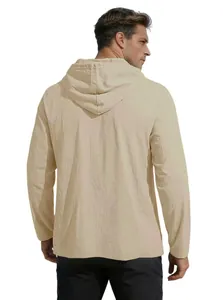 Back view of a casual beige hooded cotton shirt for men showing textured fabrics