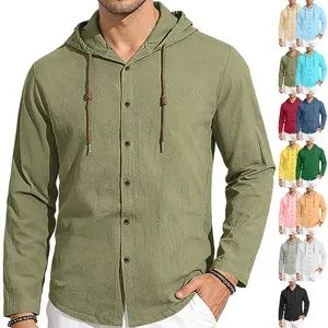 Men Hooded Shirt Cotton Linen Blend Long Sleeve Drawstring Casual Beach Button Down Solid Color Breathable Top