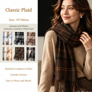 Écharpe à Carreaux Douce avec Glands pour Femme Polyester Imitation Cachemire Châle Chaud d'Hiver Accessoire Classique Quotidien