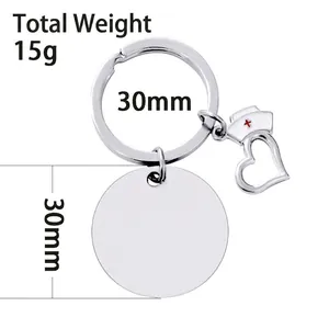 Detailed view of silver nurse hat keychain with heart charm and 30mm blank tag