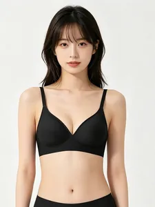 Seamless black jelly bra with soft support and U-back design shown on Asian model