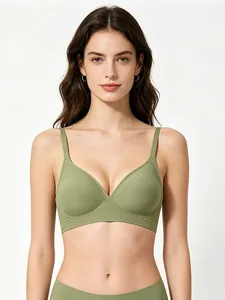 Close-up detail of a seamless olive green jelly bra featuring soft support and thin straps