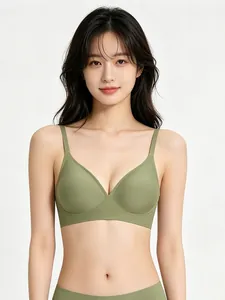 Elegant seamless olive green jelly bra featuring soft support on an Asian model