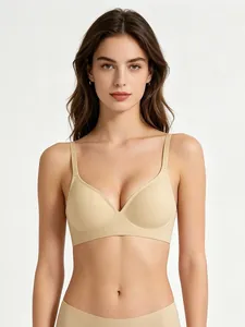 Detailed front view of a seamless beige jelly bra featuring soft support and U-neck design