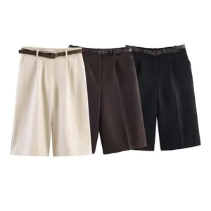 Women High Waist Wide Leg Long Shorts With Snake Print Belt Casual Office Bermuda Shorts Solid Color Pleated Dress Shorts