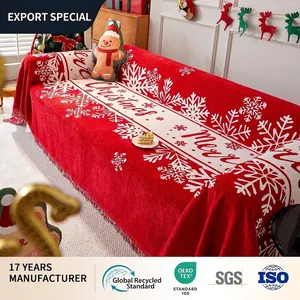 Funda de Sofá de Navidad Copo de Nieve Merry Christmas de Chenilla Manta con Borlas Rojo Decoración de Hogar Sala de Estar