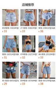Collezione di pantaloncini di jeans a vita alta strappati con orli sfrangiati e lavaggi blu.