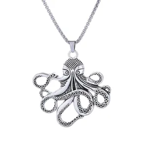 Vintage octopus pendant necklace with detailed tentacles in antique silver finish
