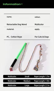 Detailed view of the retractable dog teaser stick featuring a colorful cotton rope and specifications.
