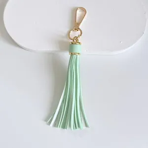 Mint green 10cm leather tassel keychain with golden metal lobster clasp