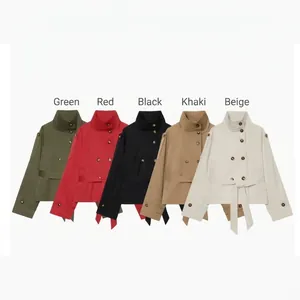 Women Short Trench Coat Double Breasted With Belt Stand Collar Polyester Long Sleeve Casual Fashion Jacket Outwear