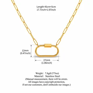 Collier chaîne trombone en acier inoxydable doré avec pendentif mousqueton dimensions.