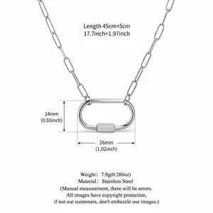 Collier pendentif mousqueton en acier inoxydable argenté avec chaîne trombone réglable 45cm