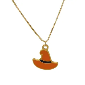 Halloween gold stainless steel box chain necklace with orange enamel witch hat charm
