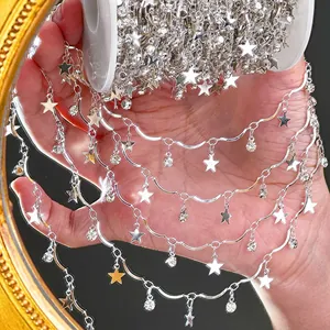 Layered silver-colored copper chain with star charms and rhinestones for DIY crafts