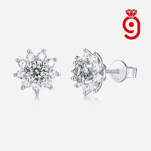 Sparkling sunflower shaped 925 sterling silver stud earrings featuring moissanite stones