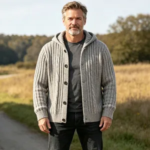 Men's vintage thick cable knit hooded cardigan sweater in mixed grey color for autumn outdoor