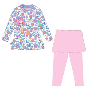 Costume da bagno due pezzi per bambina con stampa a fiori e sirena e leggings rosa