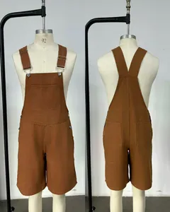 Detailed front and back views of trendy men's brown denim overall shorts on a mannequin.