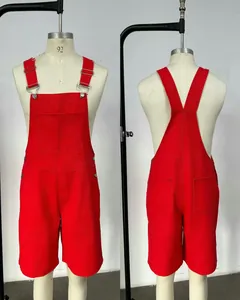 Red denim bib shorts overalls for men showing front and back design details