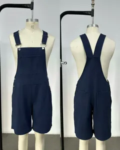 Detailed front and back views of dark blue denim overall shorts on a professional mannequin.