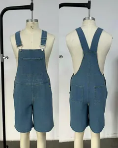 Detail view showing front and back of classic blue denim overall shorts for men.