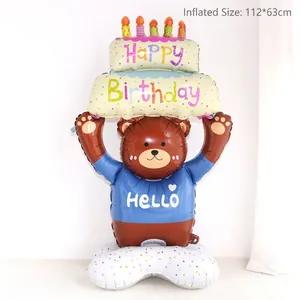 Large 3D standing bear foil balloon holding a birthday cake for festive party decoration