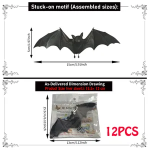Detailed size diagram for 3D Halloween bat stickers showing 12pcs packaging