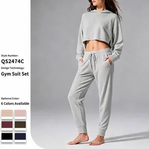 Chándal Deportivo Con Capucha para Mujer de Pana Poliéster Acanalado Manga Larga Top And Bottom Casual Cálido Yoga