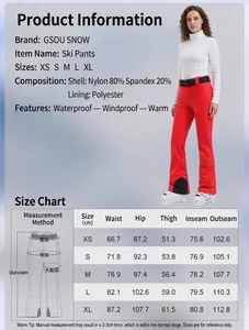Detailed size guide with measurements for women's waterproof slim fit thermal ski pants.