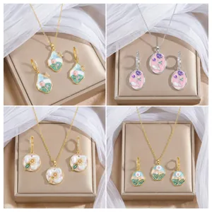 Enamel Flower Tulip Rose Pendant Necklace For Women Gold Silver Plated Titanium Steel Chain Floral Butterfly Jewelry