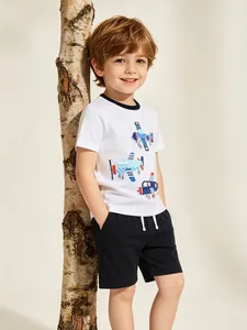 Ensemble De Vêtements D'Été En Coton Pour Garçons Style Européen T-Shirt Blanc À Col Rond Imprimé Avion Et Short Noir