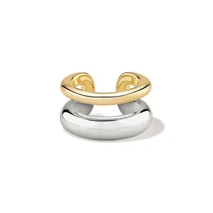 925 Sterling Silver Ear Cuff Double Layer Two Tone Gold Plated Clip On Earrings No Piercing Geometric Minimalist Style