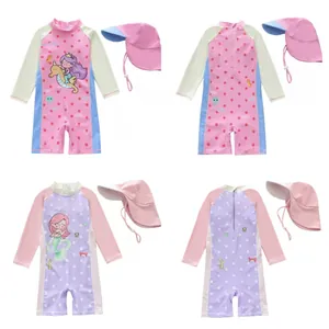 Meisjes Lange Mouwen Badpak Uit Eén Stuk En Badmuts Zeemeermin Zeeleven Patroon Sneldrogend Zonbescherming Ruffle Zwemkleding