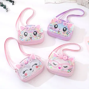 Four cute cartoon animal crossbody bags for kids with colorful sequins and 3D floral details.
