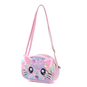 Detail view of pink sequined cat-shaped crossbody bag for children with butterfly accents