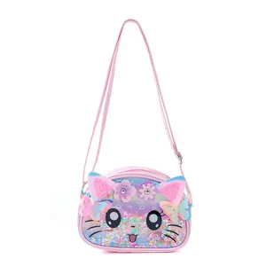 Close-up of pink glittery cat-themed children's crossbody bag with butterfly accents