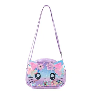 Detailed view of children's cartoon cat crossbody bag with purple glitter and TPU material
