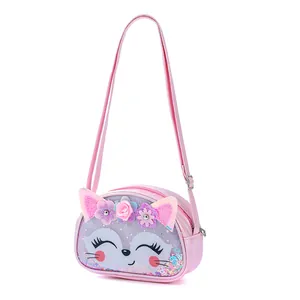 Detailed view of the pink cat cartoon bag with glitter TPU texture and floral ornaments