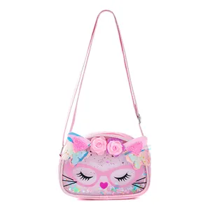 Adorable pink cartoon cat face crossbody bag for girls with glitter and flower detail