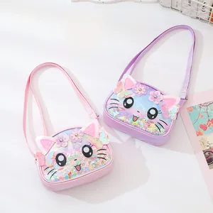 Detailed view of cute cartoon cat crossbody bags with glitter sequins for girls