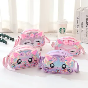 Detail of cute cartoon cat glitter TPU crossbody bags for kids in pastel colors