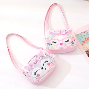Cute pink cartoon cat and fox crossbody bags with glitter for children
