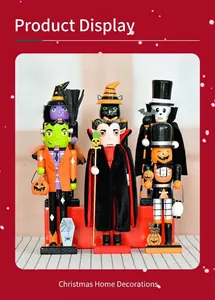 Groepsweergave van verschillende houten notenkrakerbeeldjes met Halloween-thema voor decor