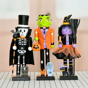 Set van drie houten Halloween-notenkrakers van 25 cm met heks, skelet en Frankenstein