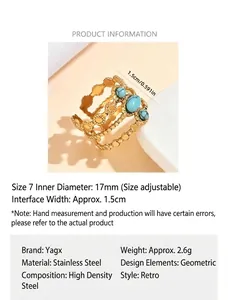 Macro-opname van een goudkleurige stalen ring met drie ovale turquoise stenen.