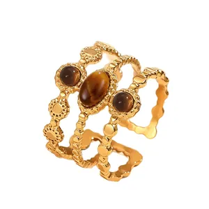 Vintage 18K vergulde roestvrijstalen ring met natuurlijke tijgeroogstenen, drie lagen