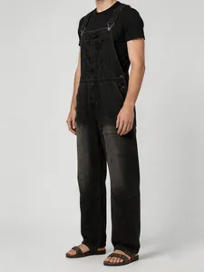 Vintage black denim overalls for men, stylish full-length bib pants for casual wear