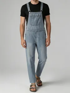 Retro light blue men's denim overalls with adjustable straps and functional front pockets