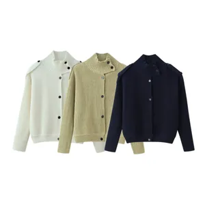 Women Ribbed Knit Cardigan Sweater High Neck Side Button Epaulettes Solid Color Long Sleeve Casual Loose Knitwear Coat